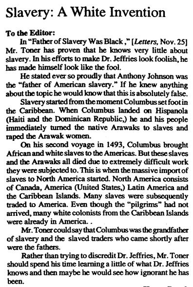 A screenshot of part of the original article, Slavery: a White invention. STATESMAN FILE