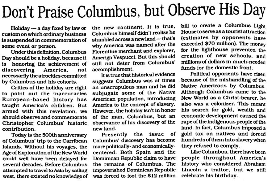 A screenshot of the original text of the article, Dont Praise Columbus, but Observe His Birthday. 