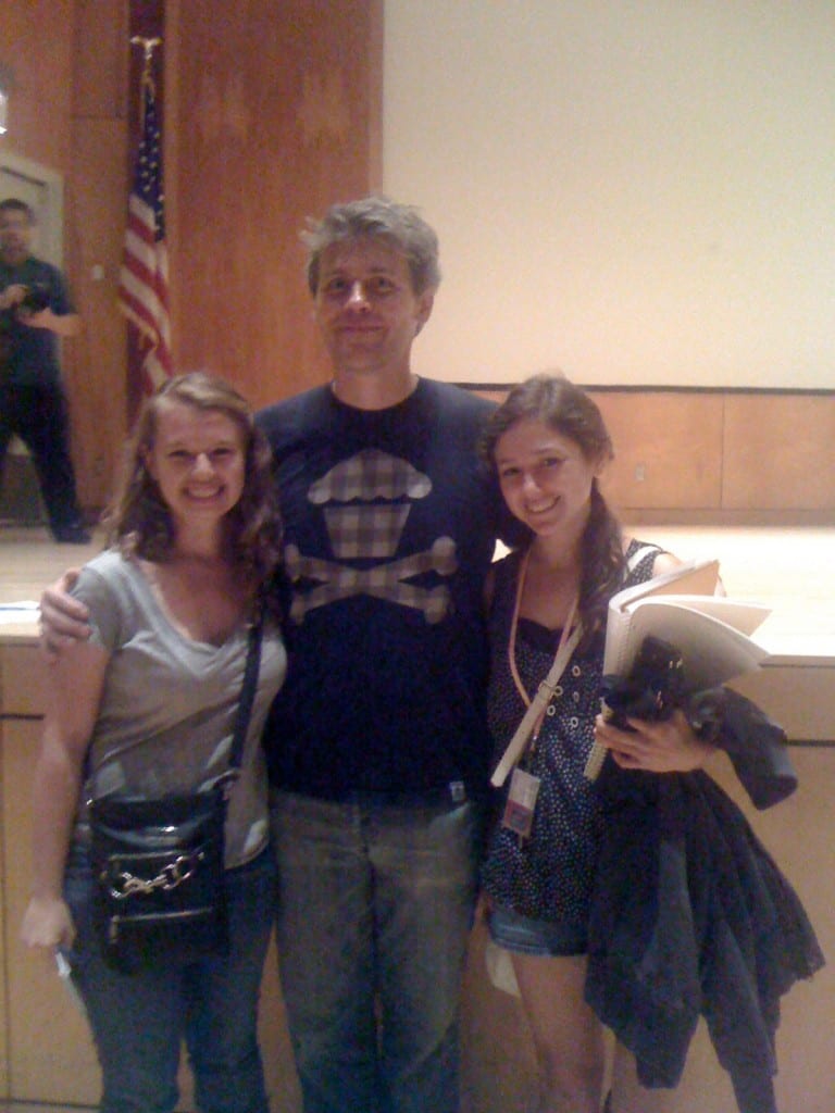Writers Melissa Hebbe and Arielle Dollinger with Christian Finnegan at the USG comedy show in the Student Activities Center 
