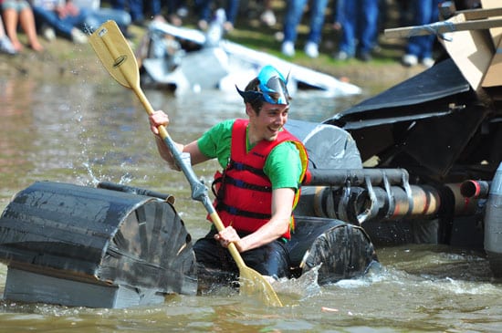 Graduate mechanical engineering student Anthony DeFilippo is ejected from the Batmobile during the middle segment of his teams heat in the Regatta. (Photo Credit: Aleef Rahman)