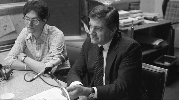 Marburger in WUSBs studio on March 10, 1983 (Matt Cohen / Statesman File Photo)