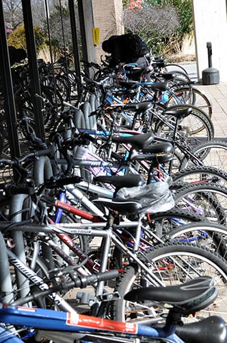 Campus police collect abandoned bicycles around campus to donate to the Freewheeling Collective. (WESLEY ROBINSON / THE STATESMAN)