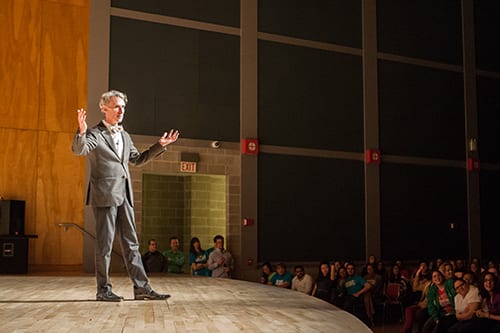 Bill Nye the Science Guy presents to a sold-out crowd at Stony Brook University about his support for alternative forms of energy, like the sun and wind, to reduce fossil fuel use. (KENNETH HO / THE STATESMAN)