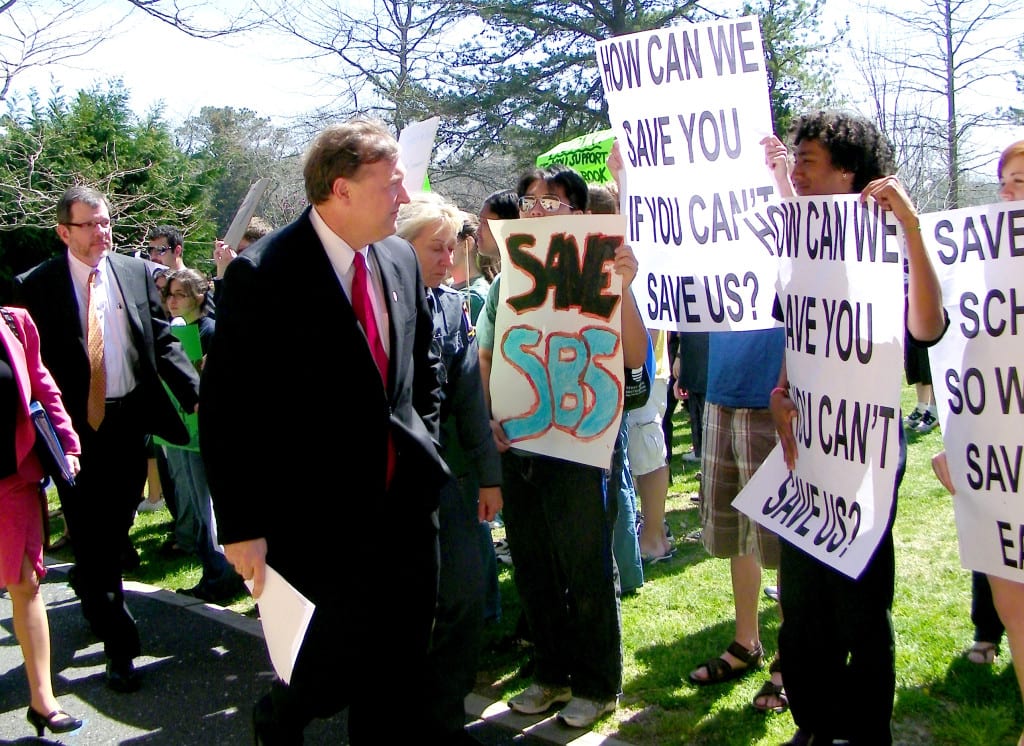 Students protest the closing of SUNy Southampton in September 2011. Now, another controversy surrounds the campus, which is being sued by environmental groups for violating three different federal laws. (ERIKA KARP / THE STATESMAN)
