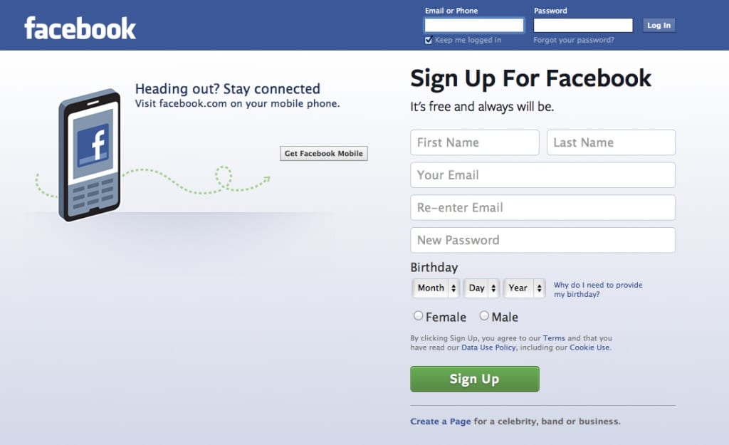 Login and signup page of Facebook. SCREENSHOT OF FACEBOOK.COM