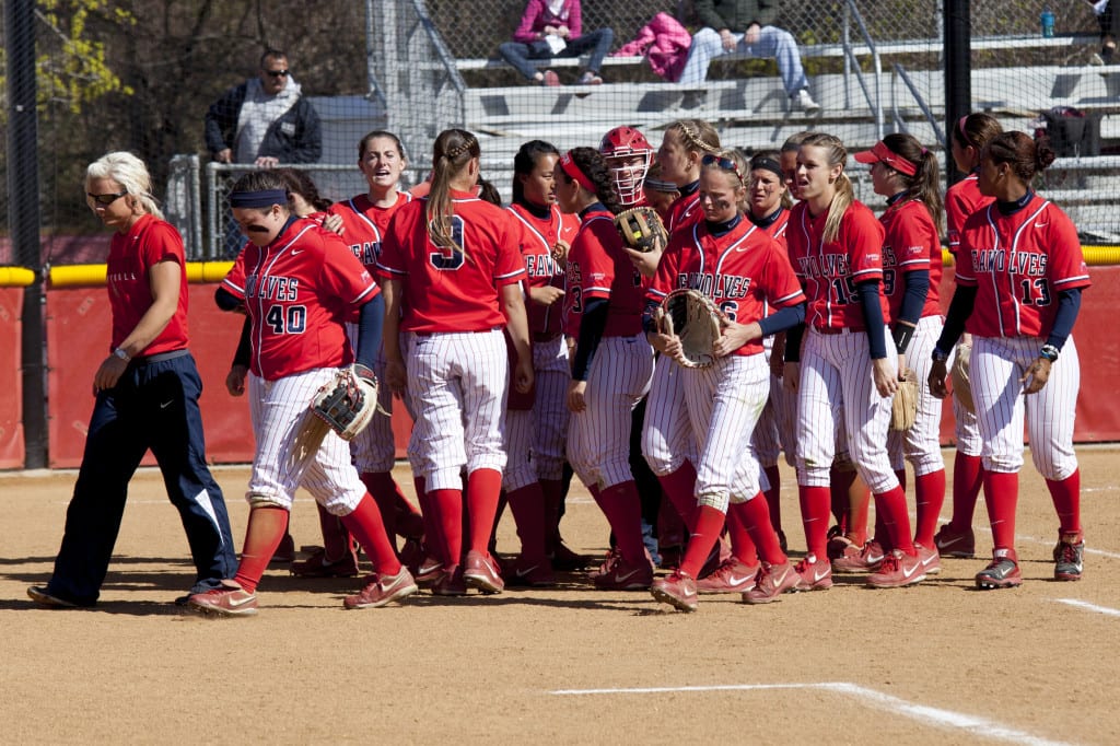 Stony Brooks softball team during a game in 2014. The team beat the UMBC Retrievers 5-1 on Wednesday May 9, but lost against the UMass Lowell River Hawks 
Thursday, May 10 in its first two America East playoff games.SYLWIA TUZINOWSKA / THE STATESMAN