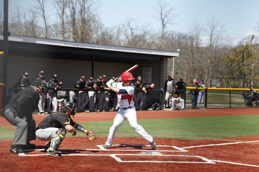 Cole Peragine (No. 28), above, was able to tie game 2 against UMBC with a clutch hit to right field. This would eventually lead to to a 6-5 victory for the Seawolves. CAM BOON / THE STATESMAN