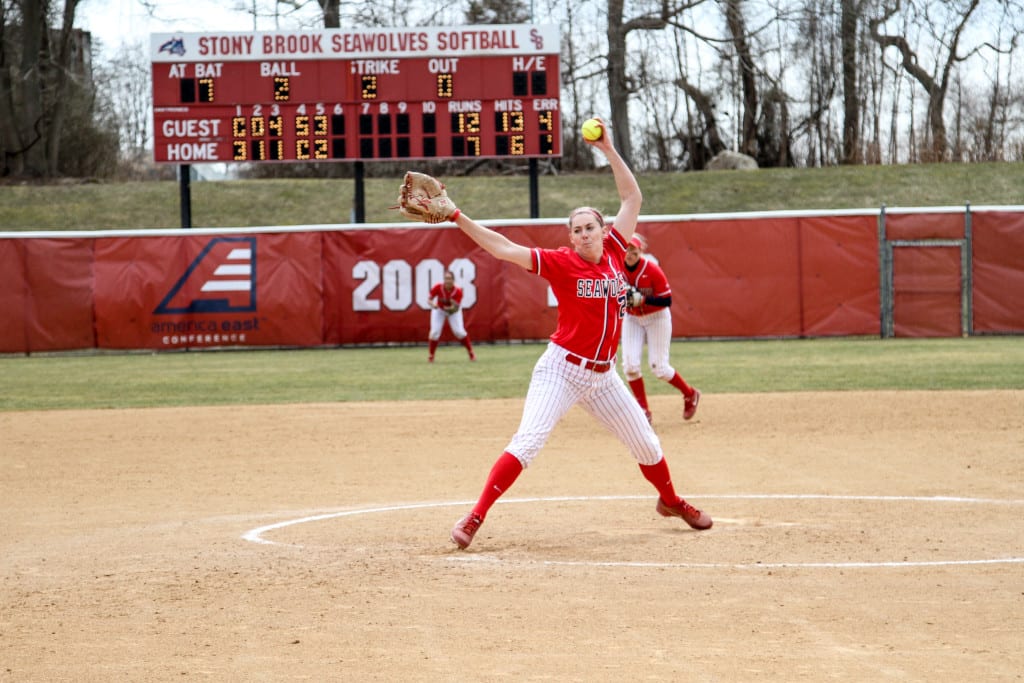 Junior Jane Sallen, No. 25 above, allowed three hits in each of her starts against Maine. EFAL SAYED / THE STATESMAN