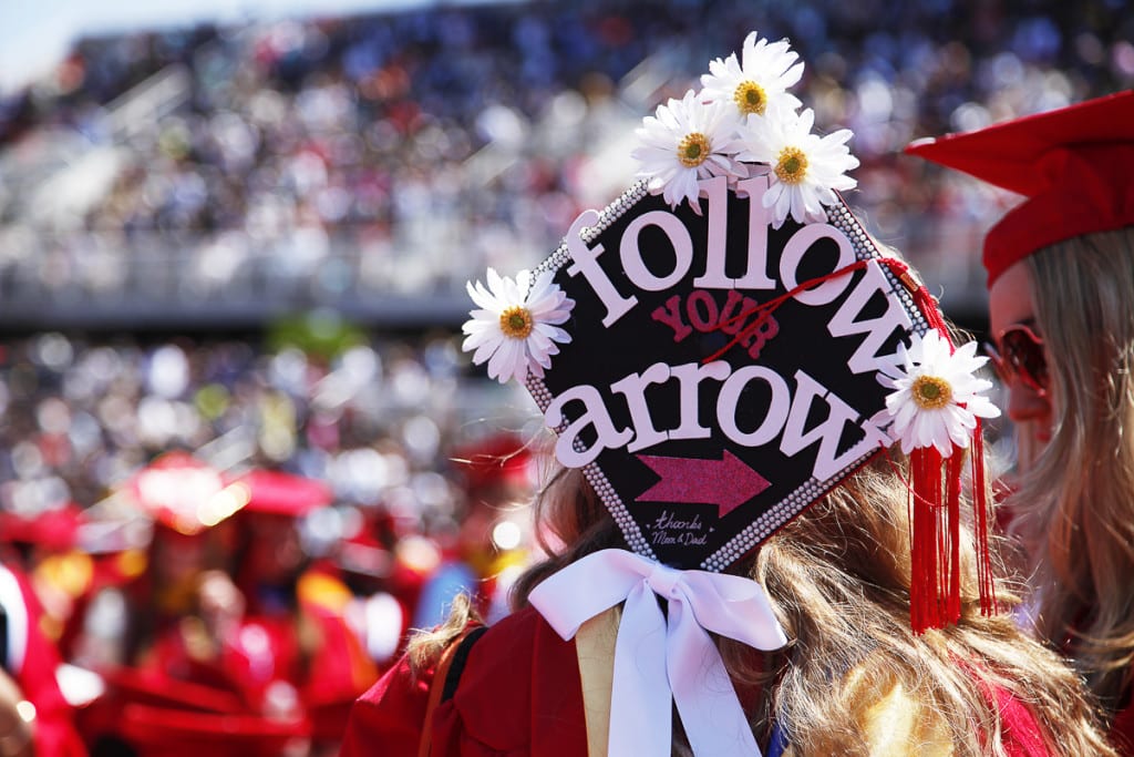 Graduating Stony Brook students decorated their caps for the 2015 commencement ceremony. BRIDGET DOWNES/STATESMAN FILE
