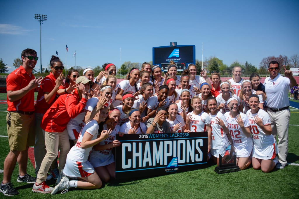The Stony Brook Womens Lacrosse team celebrating their third consecutive American East Conference Championship in the 2015 season. HEATHER KHALIFA/STATESMAN FILE