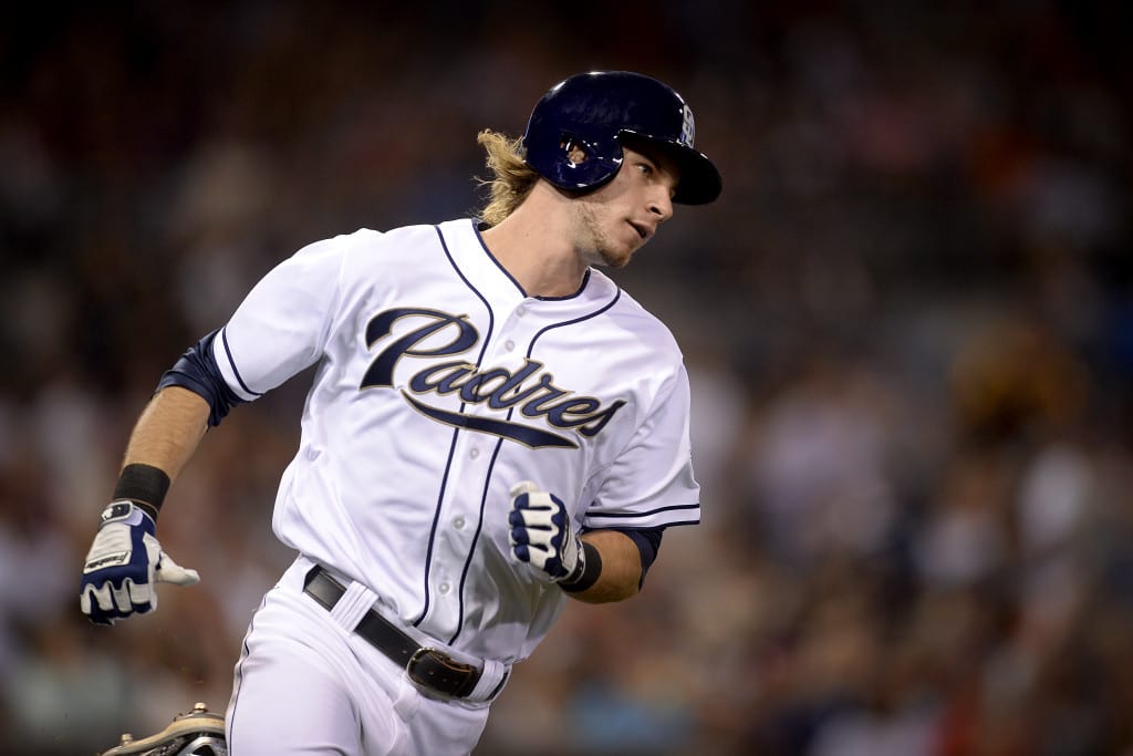 SAN DIEGO, CA - AUGUST 22: Travis Jankowski #16 of the San Diego Padres runs to first base after getting his first major league hit, a single, during the game against the St Louis Cardinals at Petco Park on August 18, 2015 in San Diego, California. (Photo by Andy Hayt)