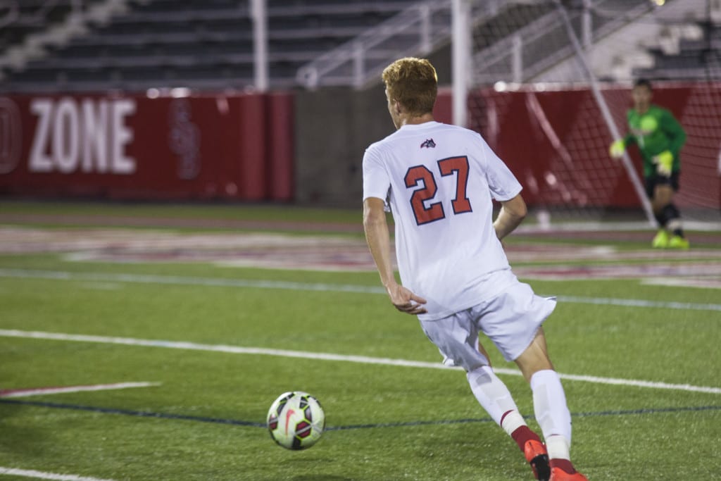 Vince Eredi (above, No. 27) scored the only goal for Stony Brook on Sunday night against Villanova. This was Eredeis second goal of the season. His first goal was this past Wednesday against Marist when he scored the game winning goal in over time.  KRYSTEN MASSA/THE STATESMAN