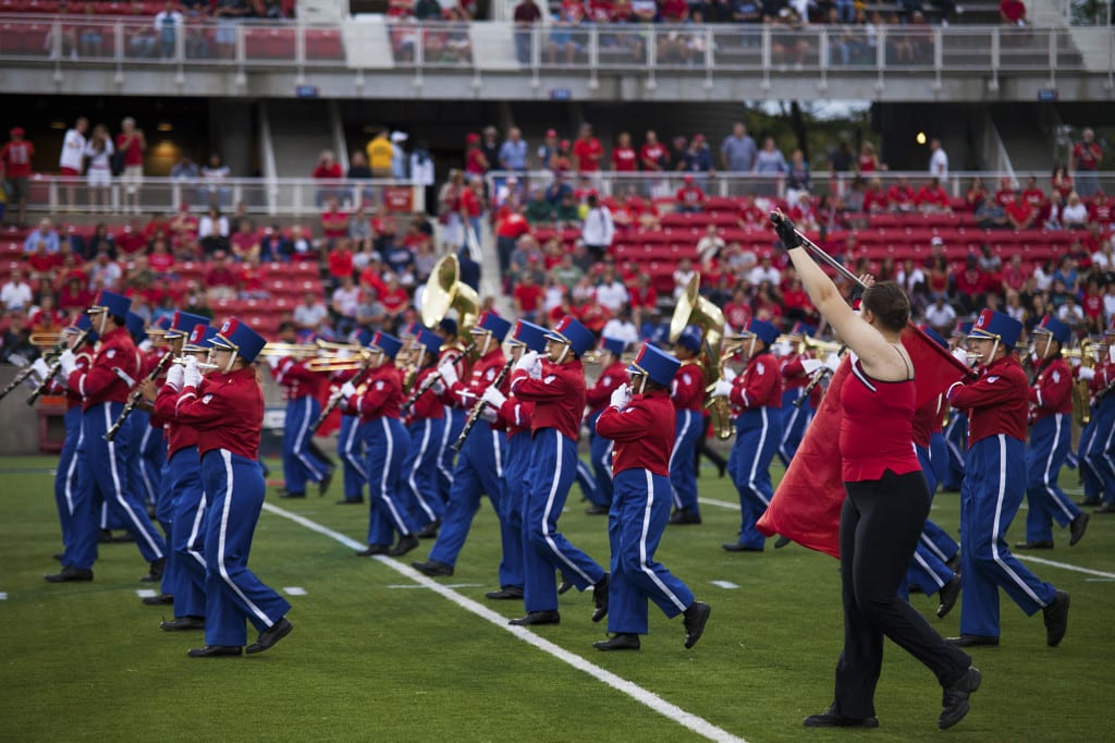 The Spirit of Stony Brook marching across the Kenneth P. LaValle stadium at the football match against Central Connecticut on Saturday. CHRISTOPHER CAMERON/THE STATESMAN