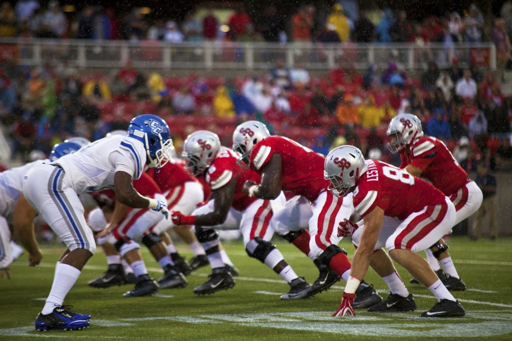 The Stony Brook Seawolves face off against the Central Connecticut Blue Devils prior to the beginning of a play. Stacey Bedell, running back for the Stony Brook Seawolves, attributed much of the success to the teams offensive line. CHRISTOPHER CAMERON/THE STATESMAN