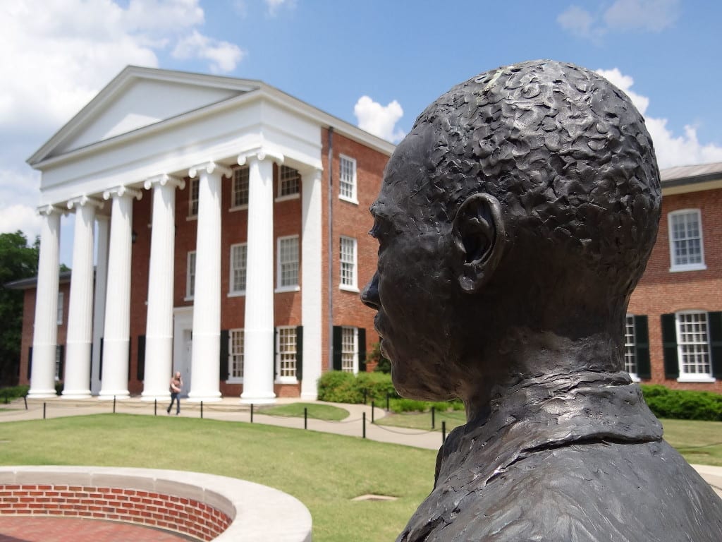 A monument to James Meredith, who desegregated the University of Mississippi, on the Ole Miss campus in Oxford, Mississippi.
