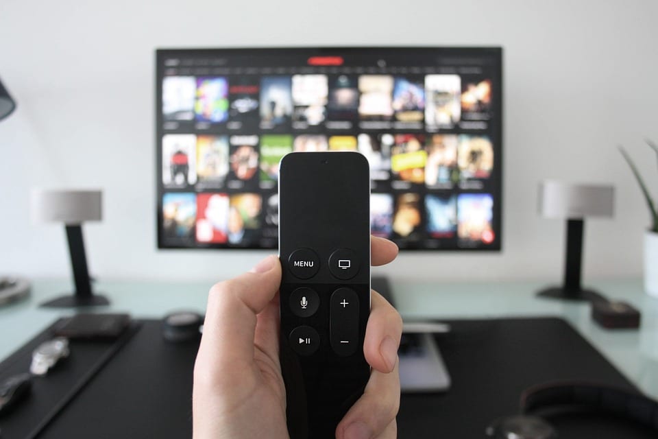 Person holding a remote control in front of a television. PUBLIC DOMAIN