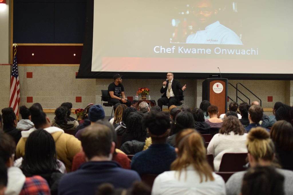 Chef Kwame Onwuachi at Stony Brook Universitys Black History Month kickoff event. Onwuachi is a successful chef who has traveled the country in cooking competitions. SARA RUBERG/THE STATESMAN