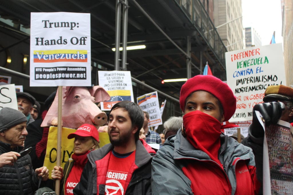 Activists at a rally on Feb. 23, 2019 in front of Trump Tower in New York protesting U.S. intervention in Venezula. Over 19 socio-political organizations joined the rally.  ANNA CORREA/THE STATESMAN 