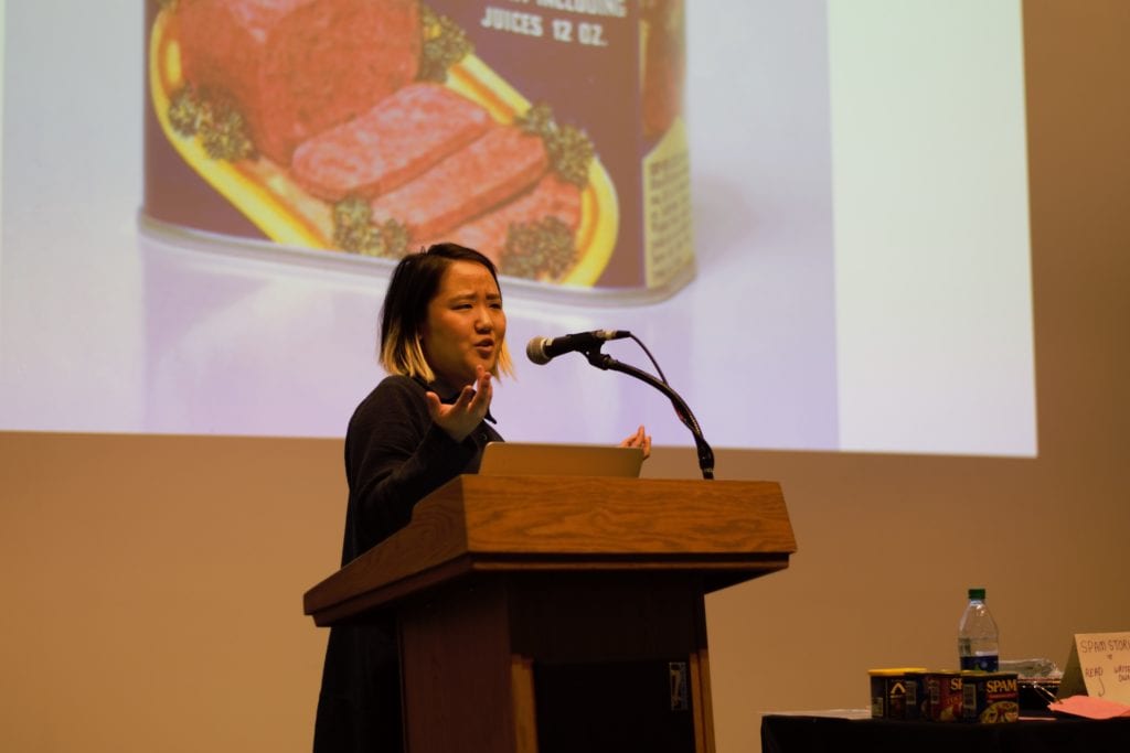 American-Korean artist and playwright Jamie Sunwoo speaking at the Wang Center on Wednesday, March 6. Her talk was on the history of the canned meat, SPAM, in the Asia-Pacific region. SARA RUBERG/THE STATESMAN