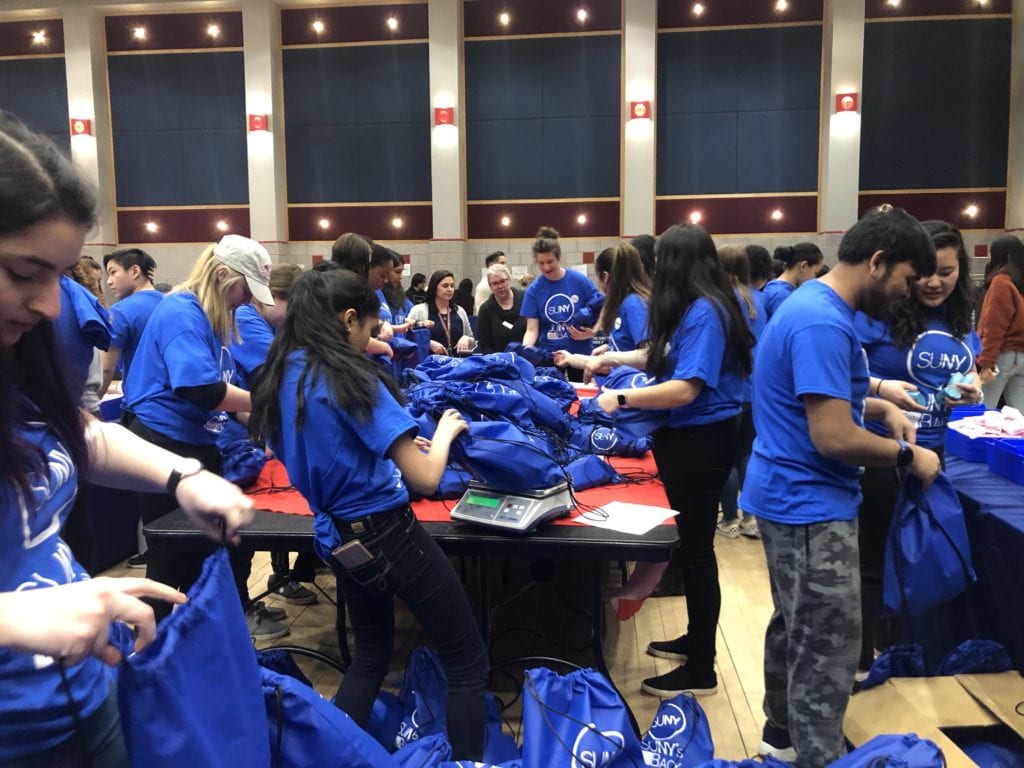 Stony Brook volunteers organizing bags for survivors of sexual and domestic violence. It was part of the third annual SUNY Got Your Back event on March 11, 2019. MAYA BROWN/THE STATESMAN