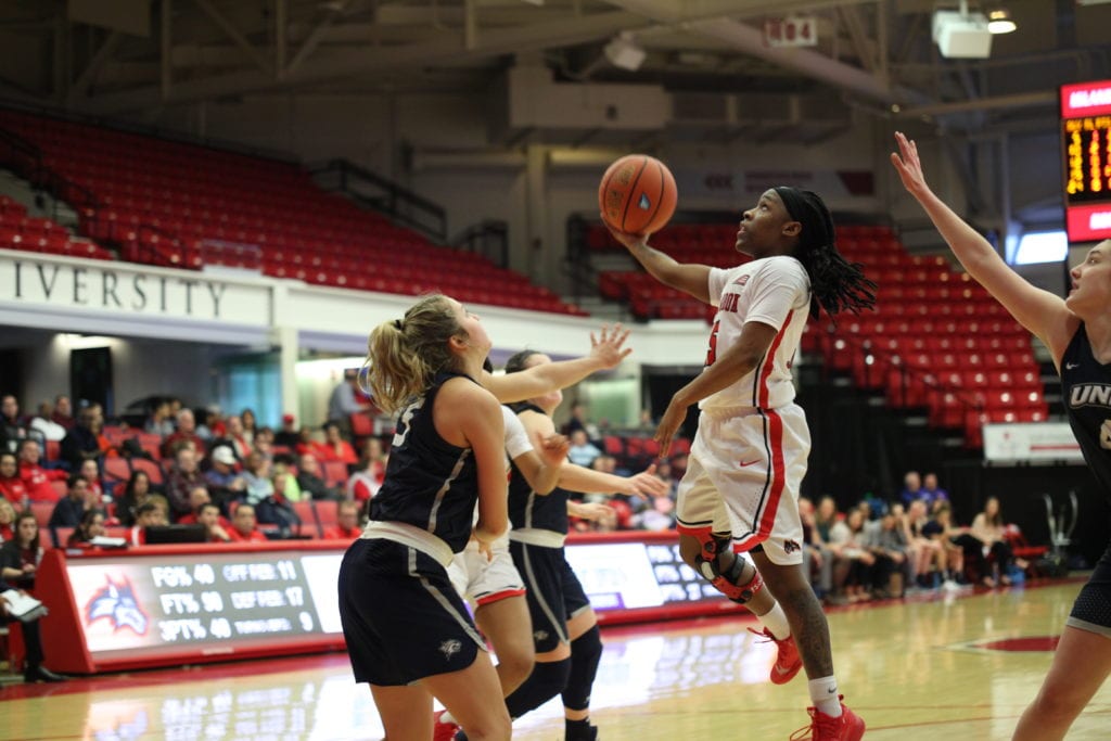 Shania Johnson in a game against the University of New Hampshire on Feb. 16. NOOR LONE/THE STATESMAN 