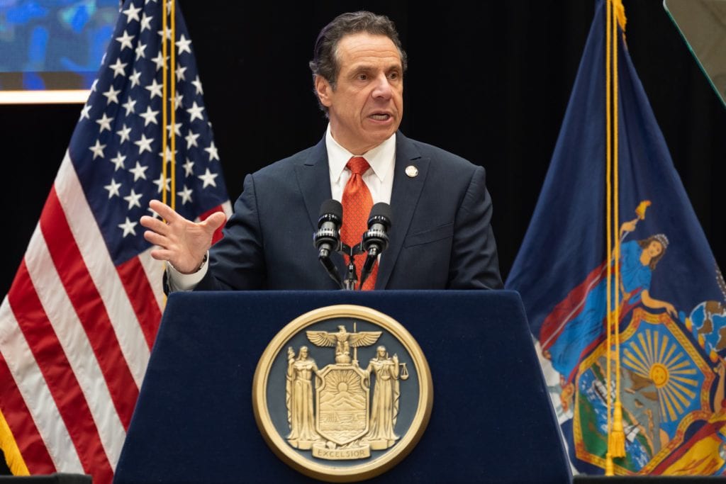 Gov. Andrew Cuomo on campus in the Student Activities Center on April 11, 2019. Cuomo announced that all non-essential workers must stay home. GARY GHAYRAT/STATESMAN FILE