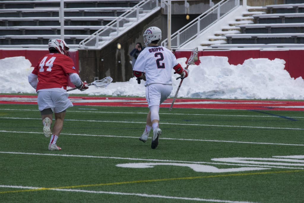 Connor Grippe in a game against Marist on Feb. 3. Grippe scored two goals on   April 2 against St. Johns University. SARA RUBERG/THE STATESMAN