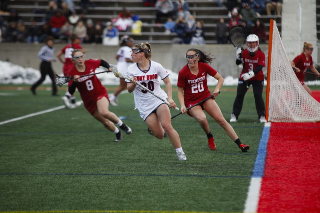 Junior midfielder Ally Kennedy in a game against Stanford on Monday, March 3. On April 22, she was awarded the America East Offensive Player of the Week for the second week in a row. EMMA HARRIS/STATESMAN FILE