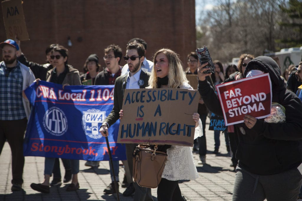 Students, faculty, and staff protest Stony Brook Universitys ADA violations on Wed., April 10. EMMA HARRIS/THE STATESMAN