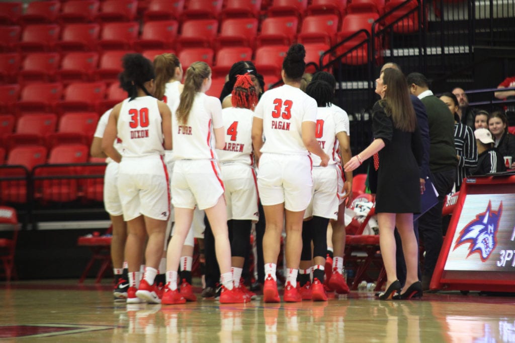 The Stony Brook Womens Basketball team during a time out in a game against UMBC on February 16.NOOR LONE/THE STATESMAN