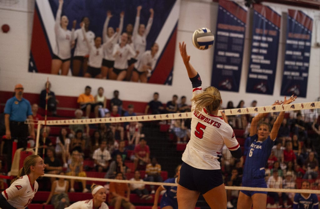 Maria Poole hits the ball over the net during a game against Hofstra on Sept. 3. EMMA HARRIS/THE STATESMAN