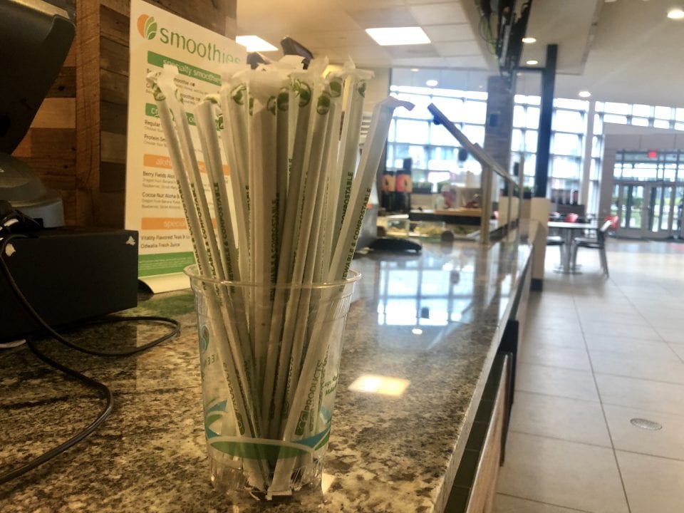 Renewable and compostable straws in East Side Dining. SARA RUBERG/ THE STATESMAN