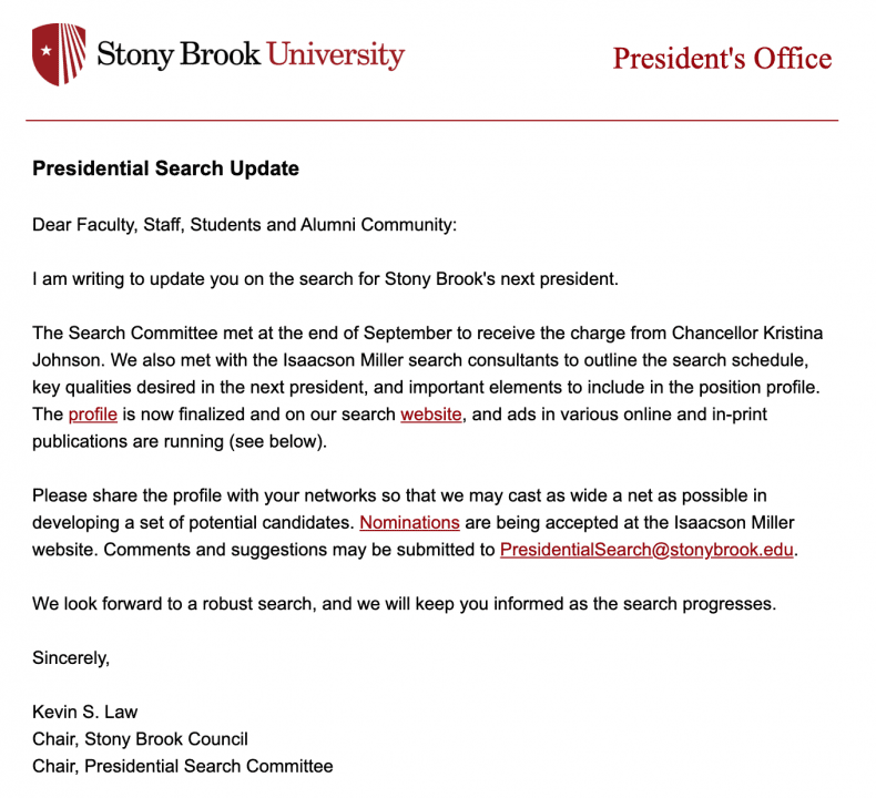The emailed letter that PHOTO CREDIT: STONY’S  BROOK PRESIDENT’S OFFICE  