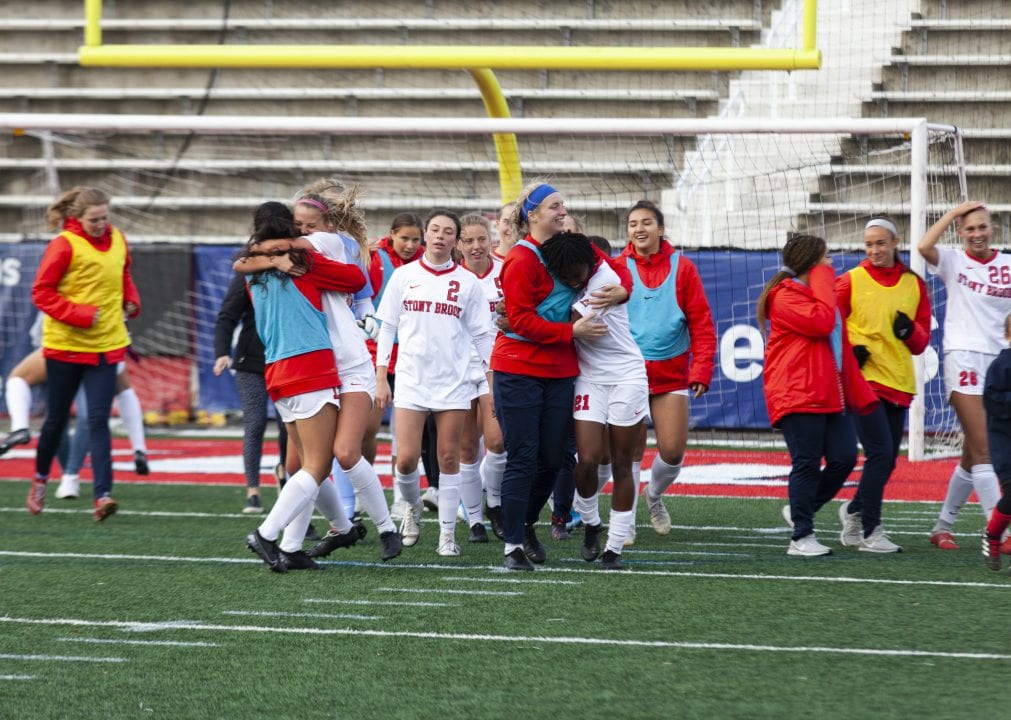 Stony Brook womens soccer team in Nov. 2019. Stony Brook  womens soccer falls behind in their season opener August 18,2021.SARA RUBERG/STATESMAN FILE