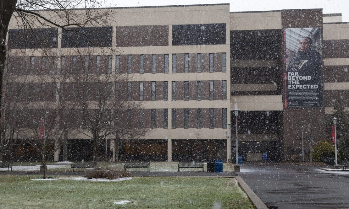 Snow falls on the Academic Mall outside of the Frank Melville Jr. Memorial Library on Dec. 1. EMMA HARRIS/THE STATESMAN
