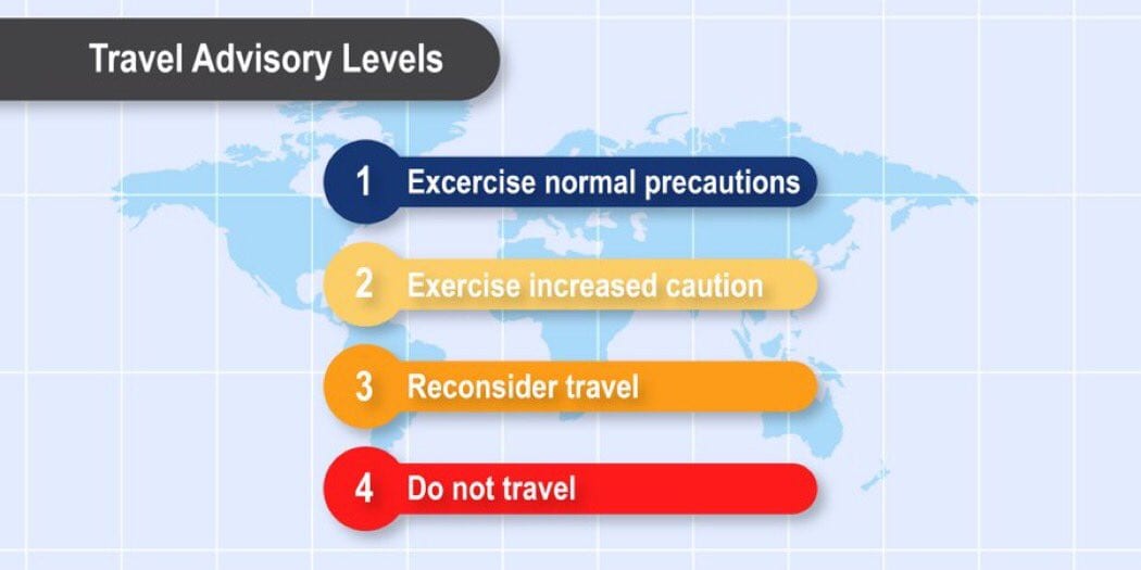 Advisory levels provided from the Department of State of the United States, from low to high regarding safety and security risk. PUBLIC DOMAIN