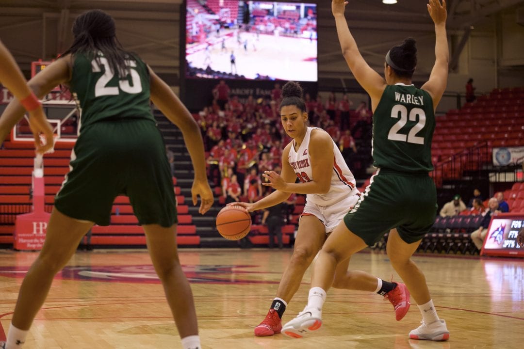 India Pagan with the ball during the Stony Brook womens basketball team game against Manhattan on Nov. 8, 2019.  SARA RUBERG/STATESMAN FILE