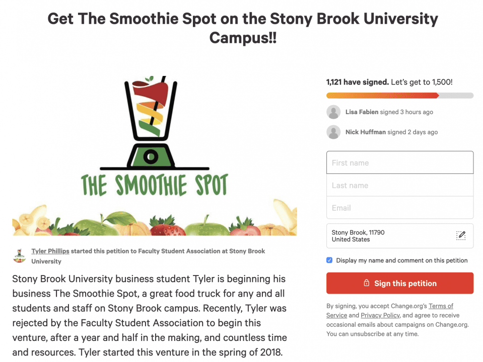 Petition for Smoothie Spot on change.org. SCREENSHOT OF CHANGE.ORG