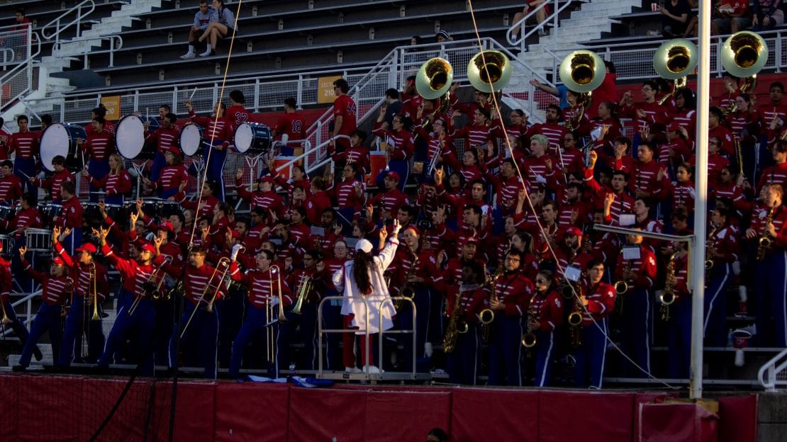 The Spirit of Stony Brook marching band performing at a football in the fall of 2019. SARA RUBERG/STATESMAN FILE