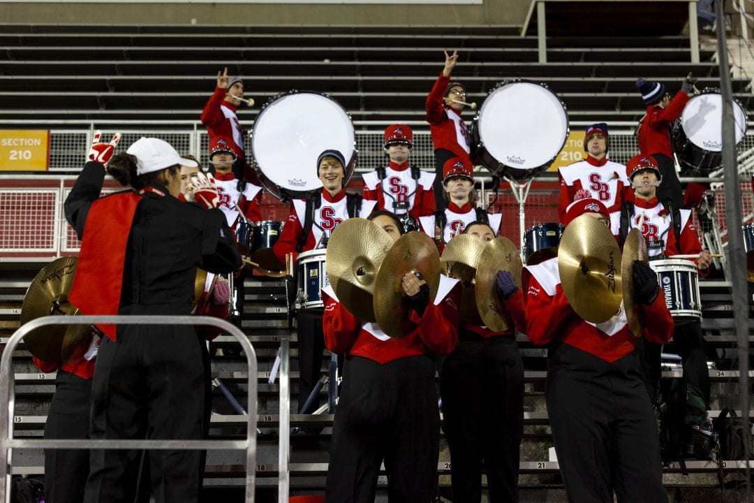 The Spirit of Stony Brook Marching Band performing at a football game in the fall of 2019. The marching band recently received new uniforms after wearing the older versions for 14 years. EMMA HARRIS/THE STATESMAN
