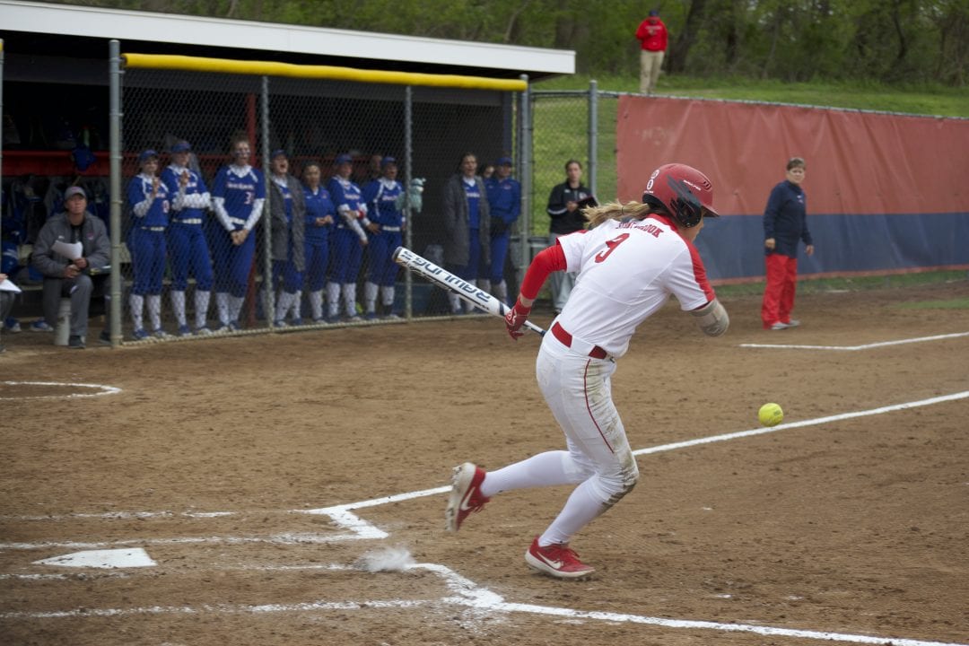 Hering runs to first base after hitting the ball during the Stony Brook Softball Teams game against UMass Lowell on April 28, 2019. SARA RUBERG/STATESMAN FILE