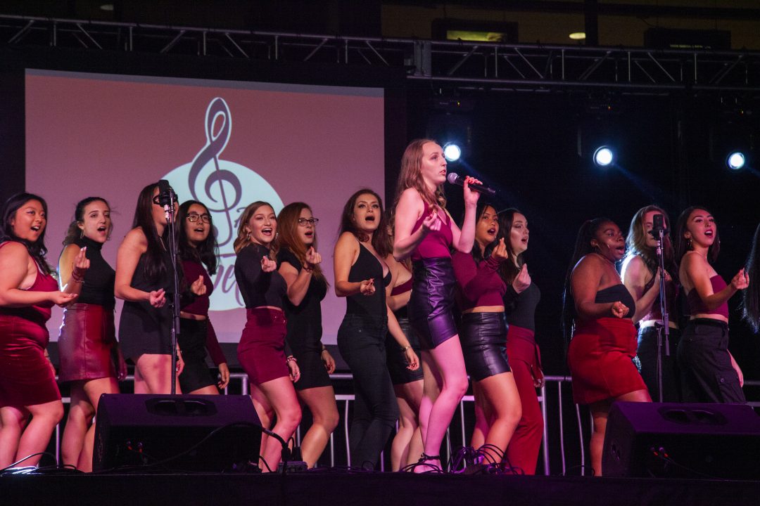 The Stony Brook Pipettes performing at Stony Brook Universitys Seawolves Showcase in October 2019. This year, performance groups and other clubs will not get the chance to meet physically. SARA RUBERG/STATESMAN FILE
