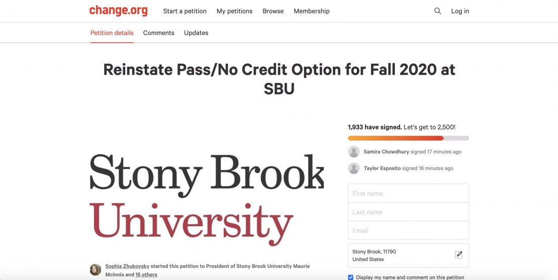 A screenshot of the student petition on Change.org to reinstate the Pass/No credit option this semester. SCREENSHOT OF CHANGE>ORG PETITION