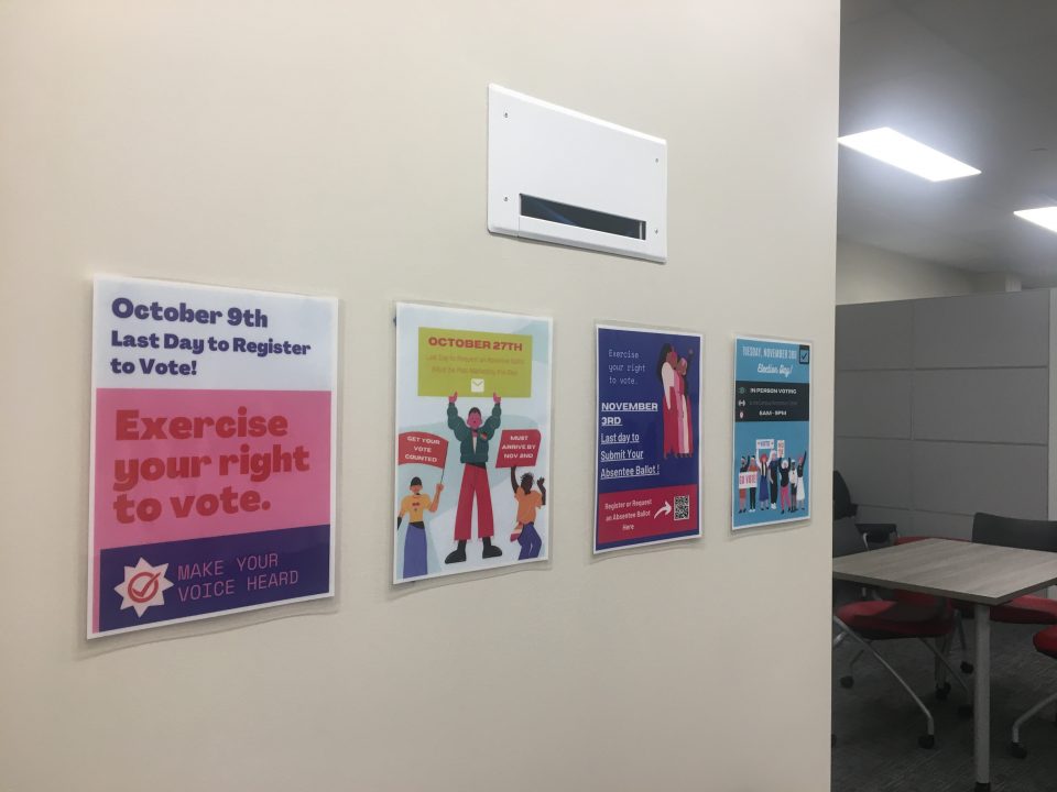 Posters advertising to vote in the Center for Civic Justice. CRIS ZHANG/THE STATESMAN