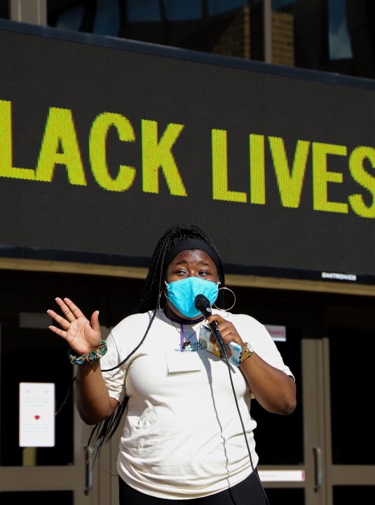 Oreoluwa speaking at the Black Lives Matter protest on Oct. 21, 2020 at Stony Brook University. RABIA GURSOY/THE STATESMAN