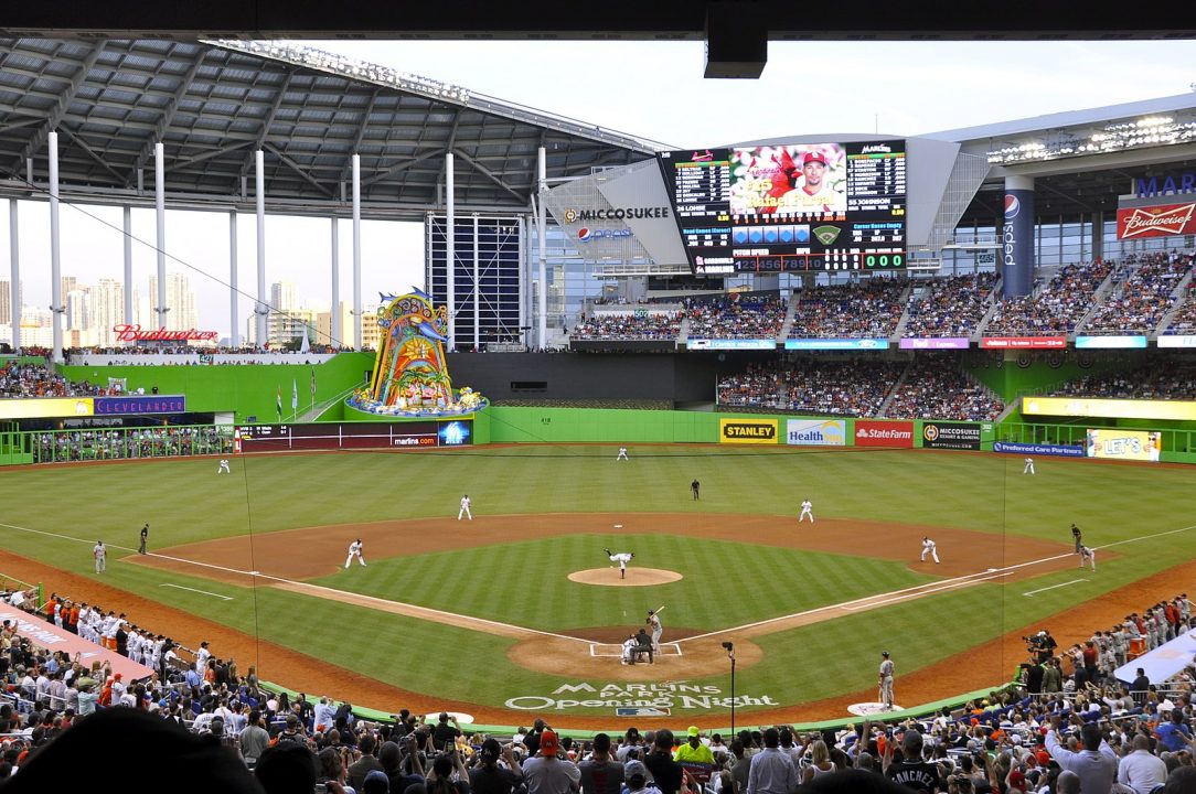 The first pitch at Marlins Park in 2012. Roberto Coquis/WIKIMEDIA COMMONS VIA CC BY 2.0