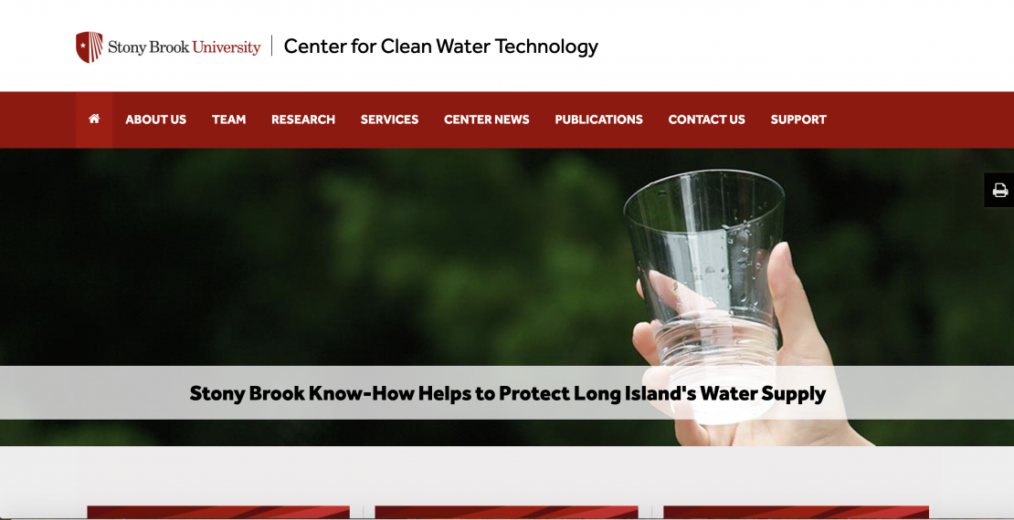 A screenshot of the homepage for the Center for Clean Water Technology. SCREENSHOT OF WWW.STONYBROOK.EDU/CLEANWATER/