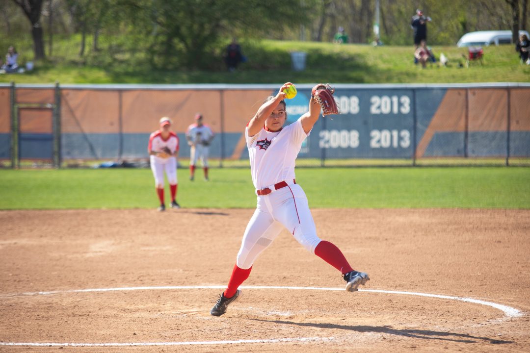 Graduate pitcher Melissa Rahrich in a game against St. Johns on April 20. ETHAN TAM/THE STATESMAN