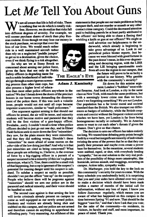 A screenshot of an opinions article from a 1993 issue of The Statesman. Writer Adam Kaminsky argues in favor of arming campus security.