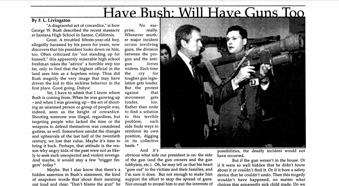 A screenshot of a Statesman editorial from 2001. The writer argues that then-President George W. Bush was neglecting the truth behind gun issues to appease his followers. STATESMAN FILE